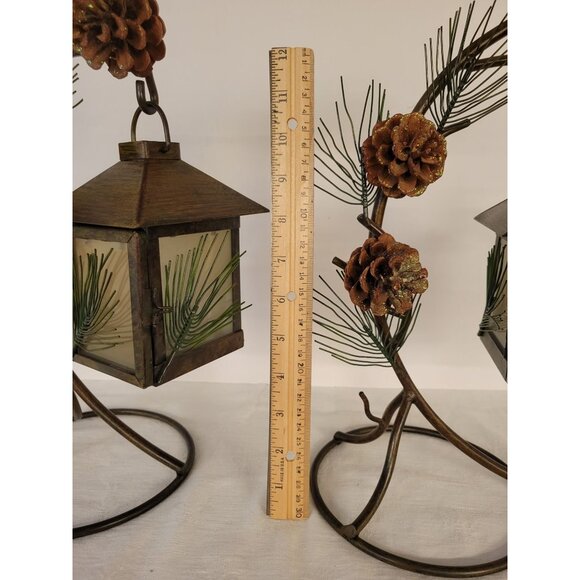 Rustic Pinecones Metal Pine Needles Lantern Tea Light Candle Holders Cabin Decor - Picture 12 of 14